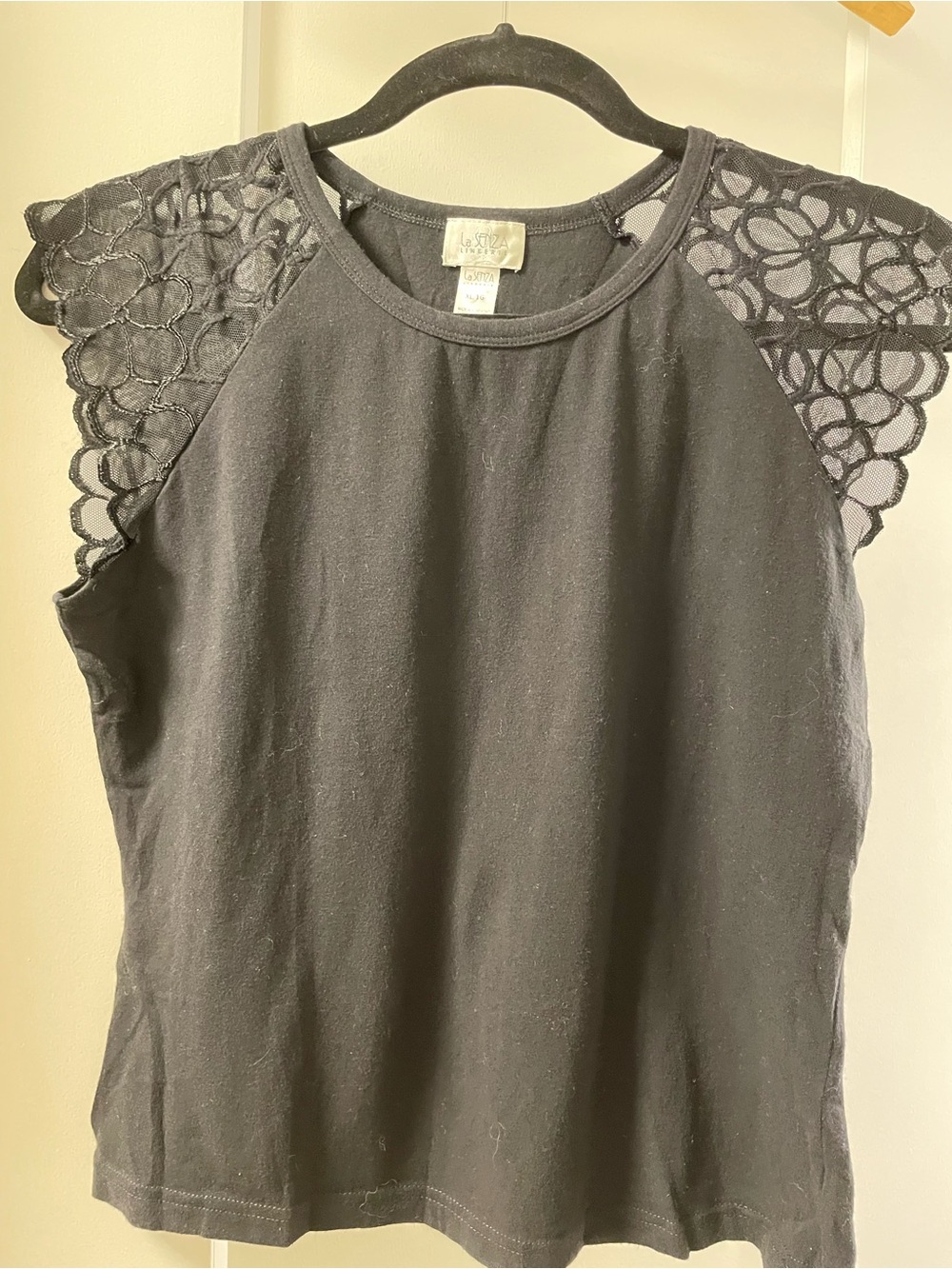 La SENZA Black Top with Crochet Lace Cap Sleeves